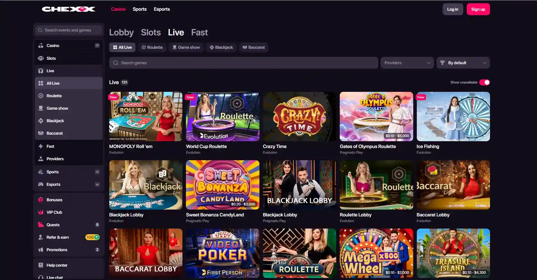 CHEXX Live Casino Lobby mit Live Dealer Kategorien