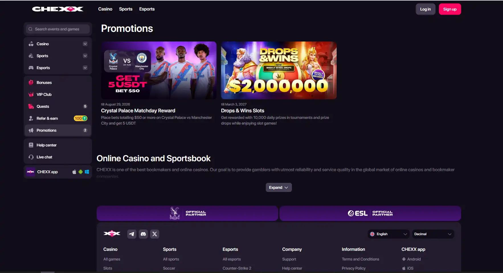 CHEXX-Startseitenoberfläche mit Casino- und Sportwetten-Präsentation