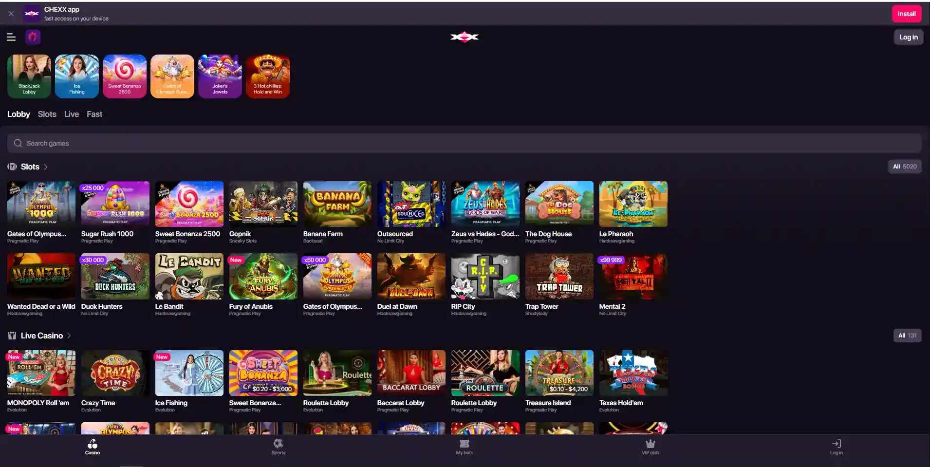 CHEXX Casino Lobby mit verschiedenen Spielkategorien und Anbietern